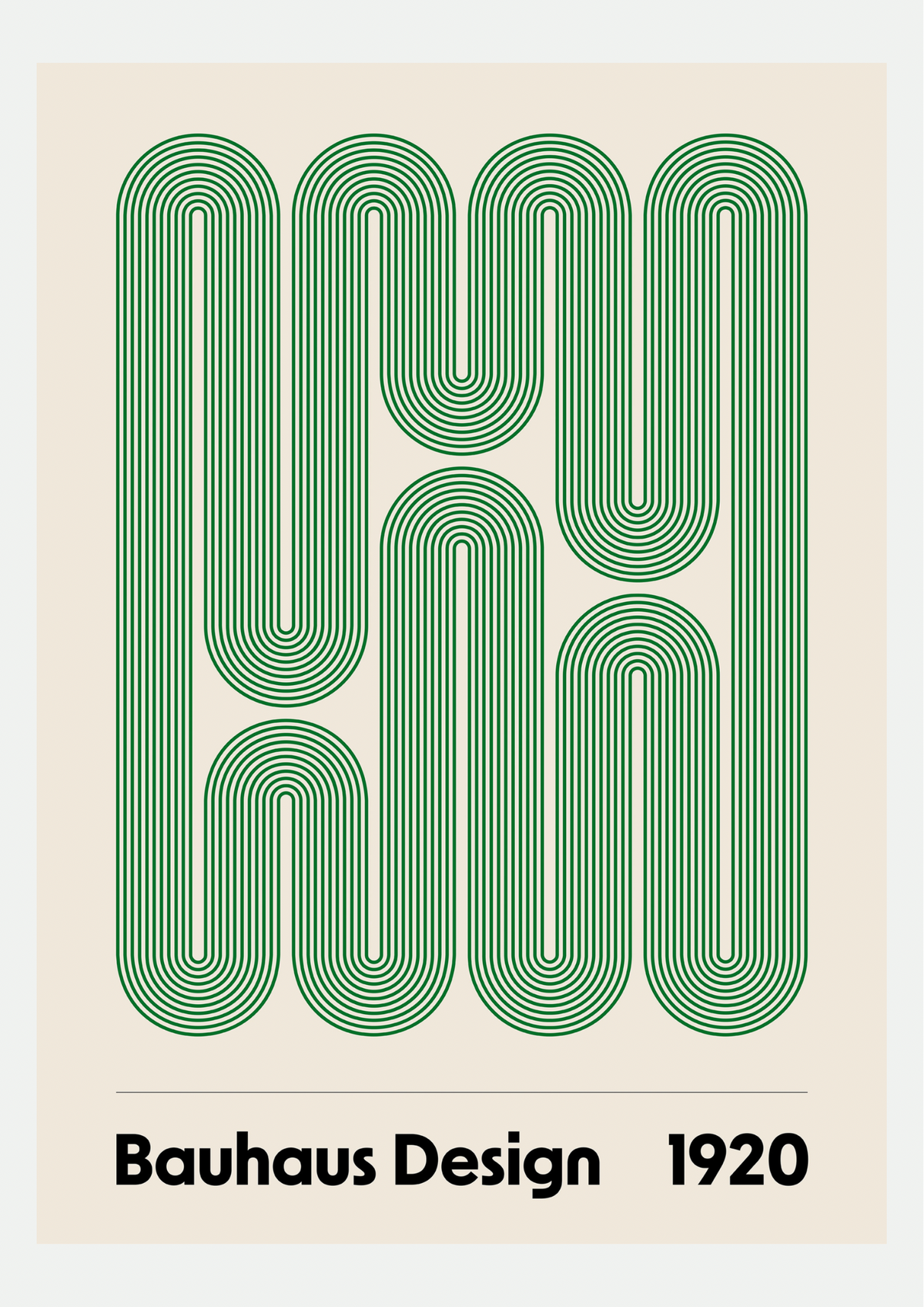 Affiche Bauhaus Design 1920, lignes vertes ondulantes sur fond écru, présentée seule sur fond neutre