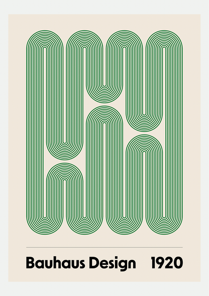 Affiche Bauhaus Design 1920, lignes vertes ondulantes sur fond écru, présentée seule sur fond neutre