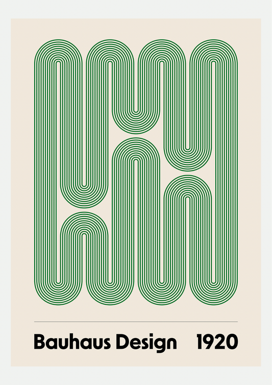 Affiche Bauhaus Design 1920, lignes vertes ondulantes sur fond écru, présentée seule sur fond neutre