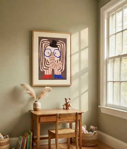 Vue d'ensemble d'une chambre d'enfant avec l'affiche Éléphant Rayé au Chapeau en décoration murale
