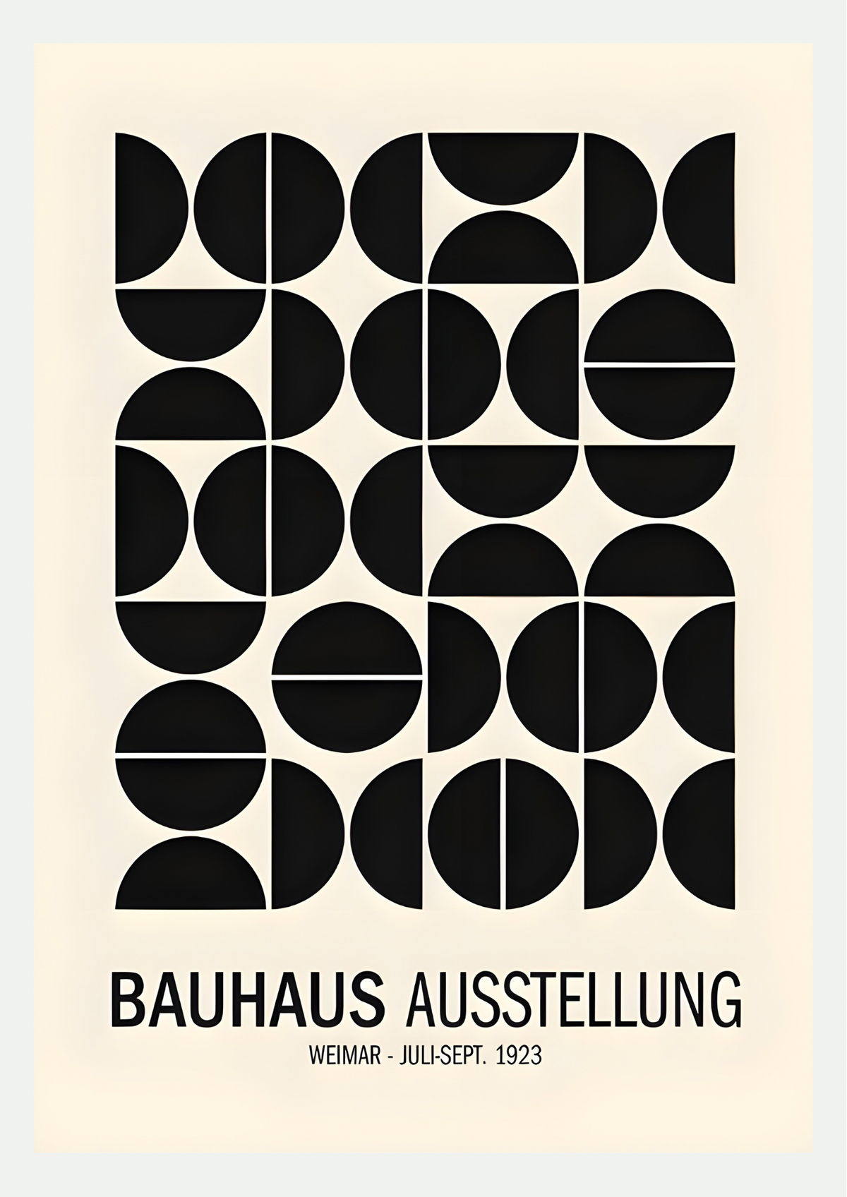 Affiche Bauhaus Weimar 1923 : motif de cercles et demi-cercles noirs sur fond crème avec titre BAUHAUS AUSSTELLUNG