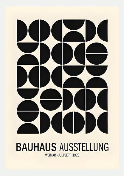 Affiche Bauhaus Weimar 1923 : motif de cercles et demi-cercles noirs sur fond crème avec titre BAUHAUS AUSSTELLUNG