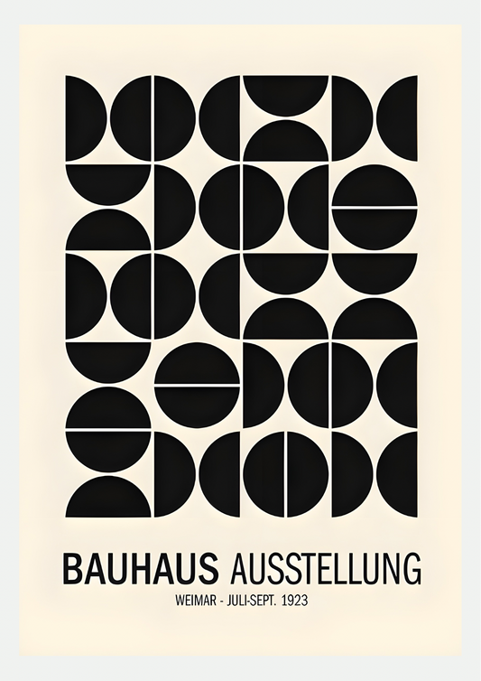 Affiche Bauhaus Weimar 1923 : motif de cercles et demi-cercles noirs sur fond crème avec titre BAUHAUS AUSSTELLUNG