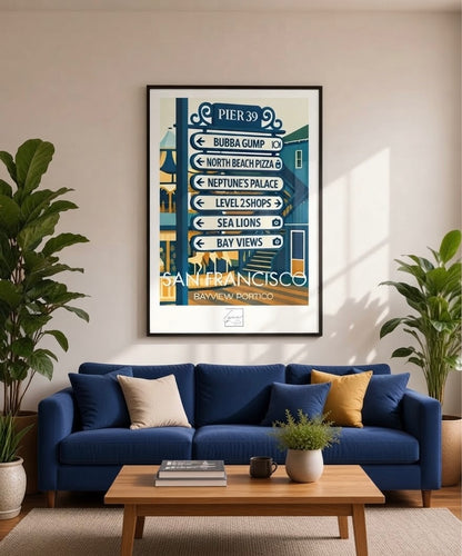 Affiche Pier 39 encadrée accrochée dans un salon, décoration murale San Francisco