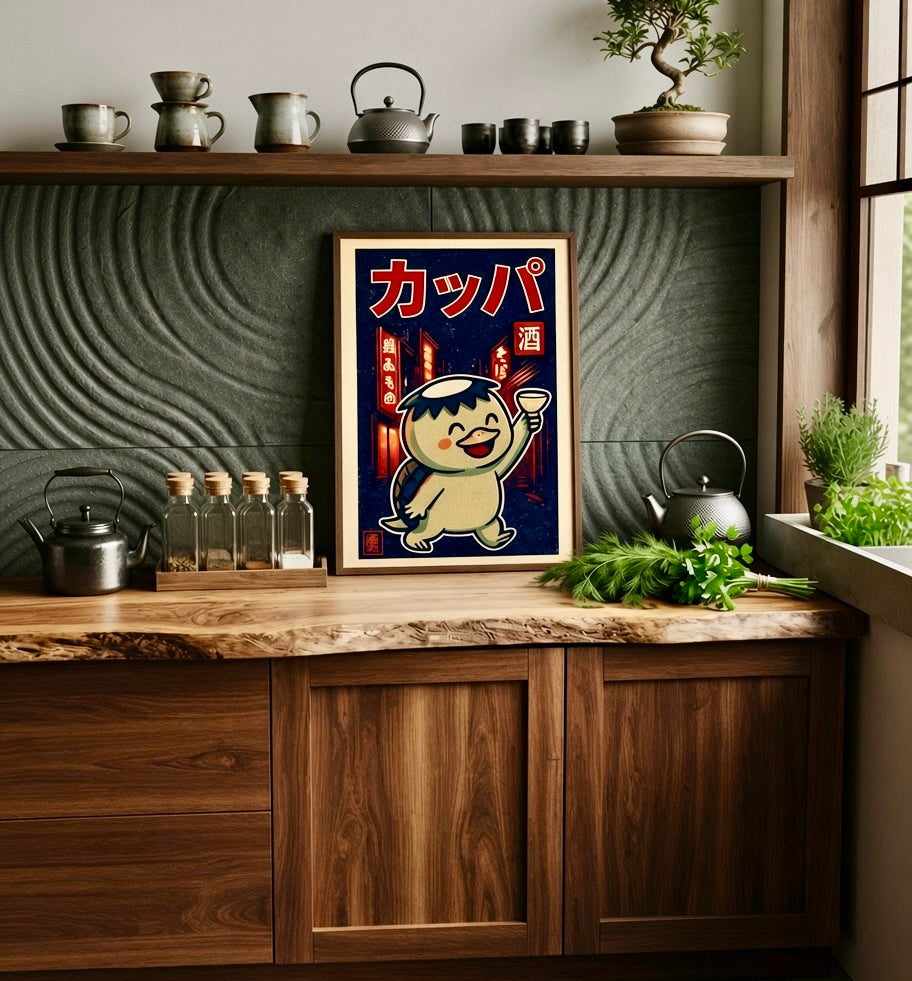 Poster kappa kawaii encadré accroché au mur d'une pièce lumineuse, décoration murale japonaise et folklore yokai