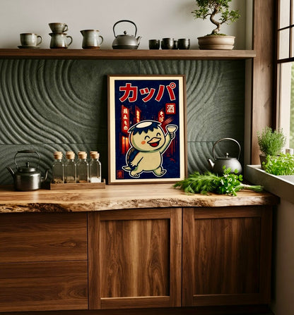 Poster kappa kawaii encadré accroché au mur d'une pièce lumineuse, décoration murale japonaise et folklore yokai