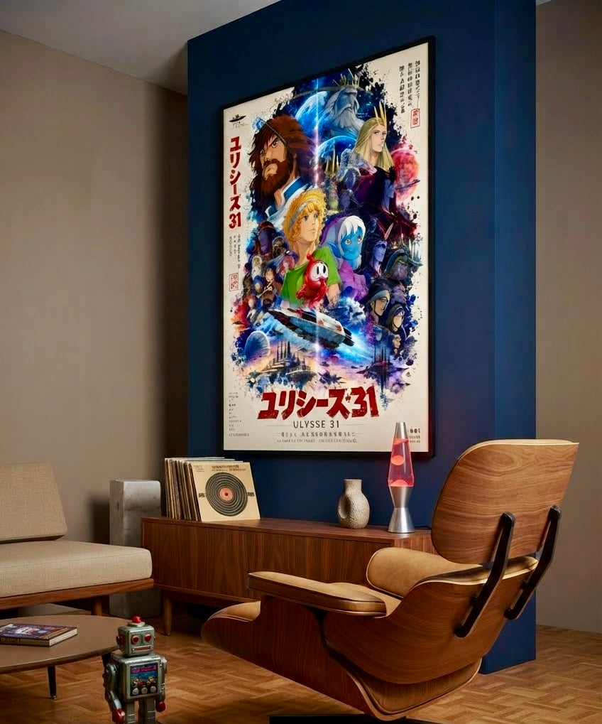 Vue d'ensemble du salon avec l'affiche Ulysse 31 en décoration murale