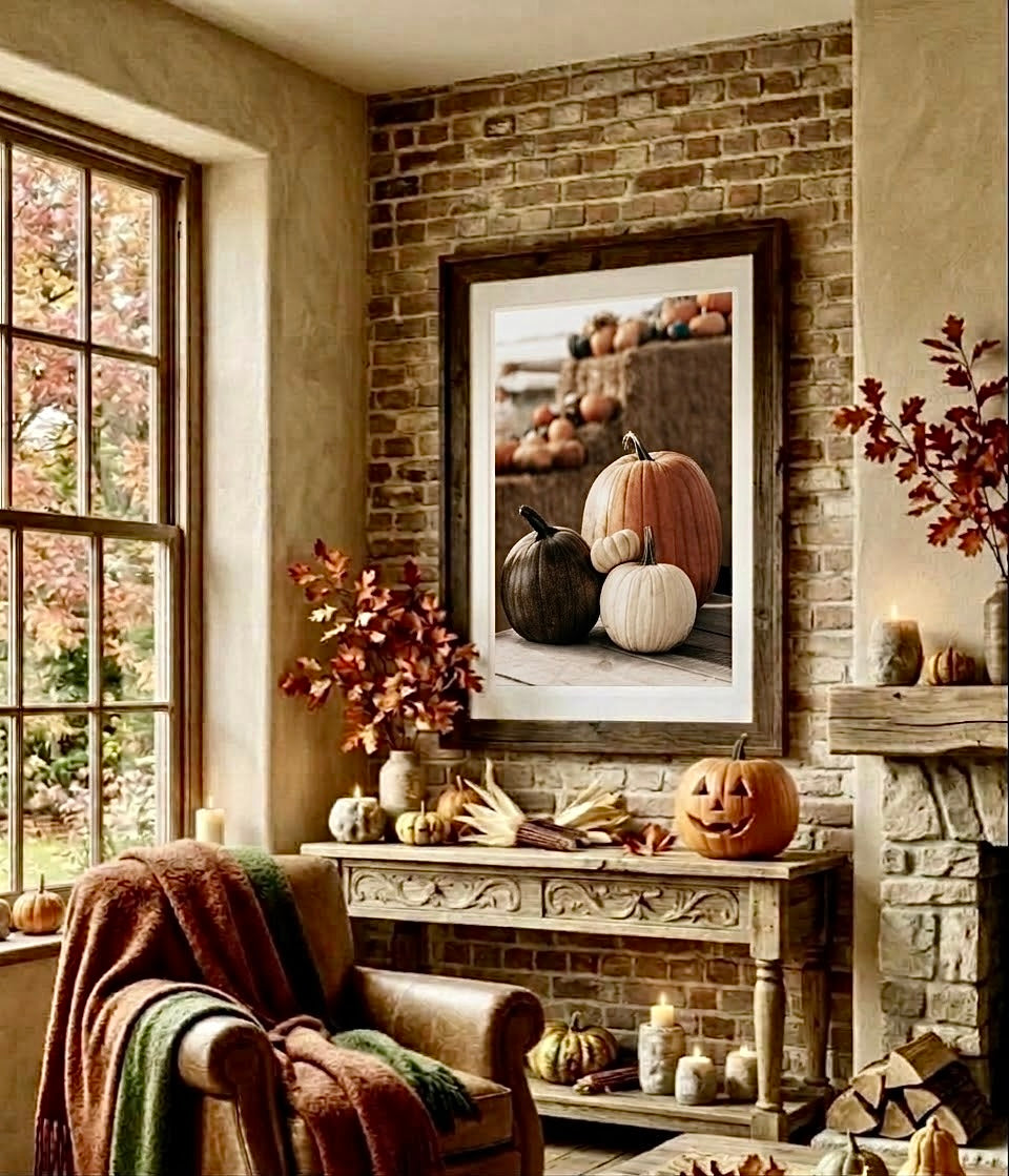 Ambiance cuisine avec l'affiche photo de citrouilles d'automne encadrée, décoration murale automnale