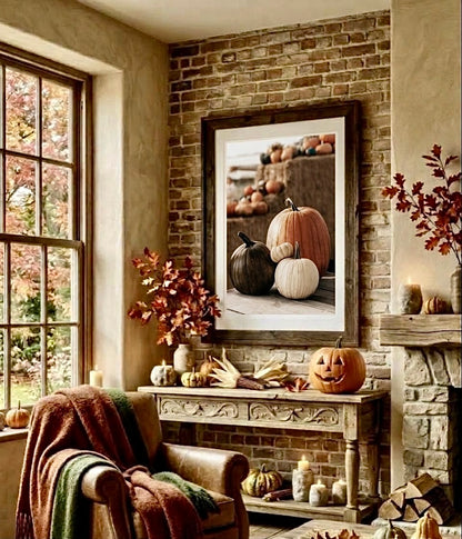 Ambiance cuisine avec l'affiche photo de citrouilles d'automne encadrée, décoration murale automnale