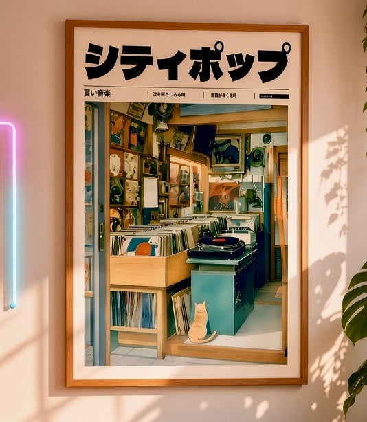 Gros plan sur l'impression et le papier de l'affiche City Pop disquaire vintage Tokyo