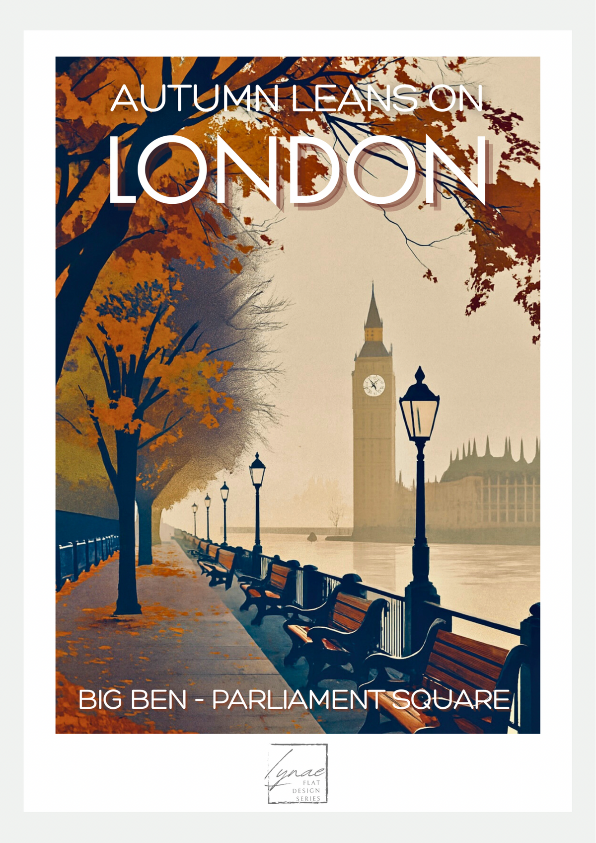 Affiche Streetlight Reflections London : bus rouge à impériale devant Big Ben sous la pluie, reflets de lampadaires et feuilles d'automne