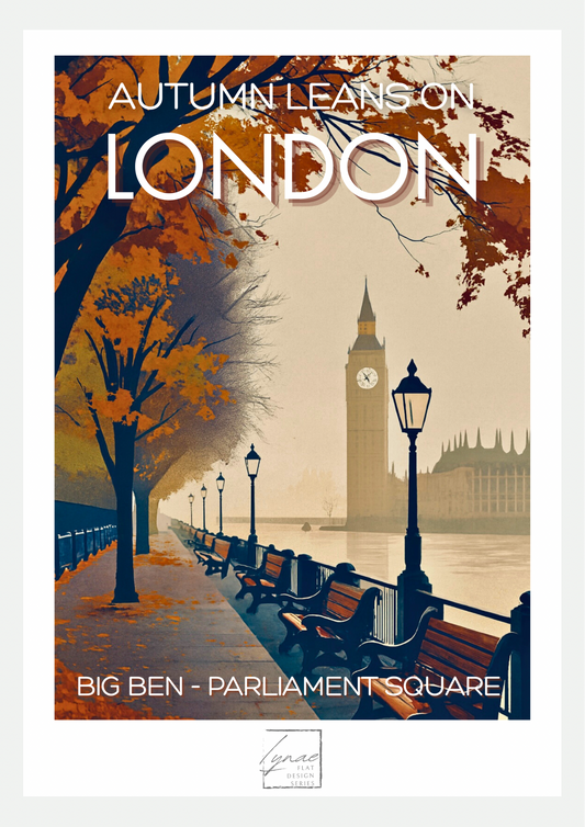 Affiche Streetlight Reflections London : bus rouge à impériale devant Big Ben sous la pluie, reflets de lampadaires et feuilles d'automne
