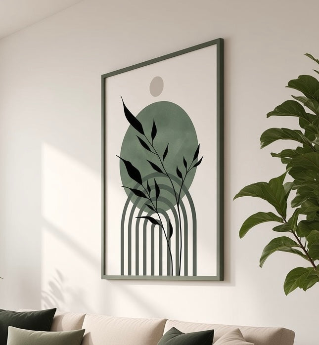 Vue d'ensemble du salon avec l'affiche Fougère verte n°3 encadrée