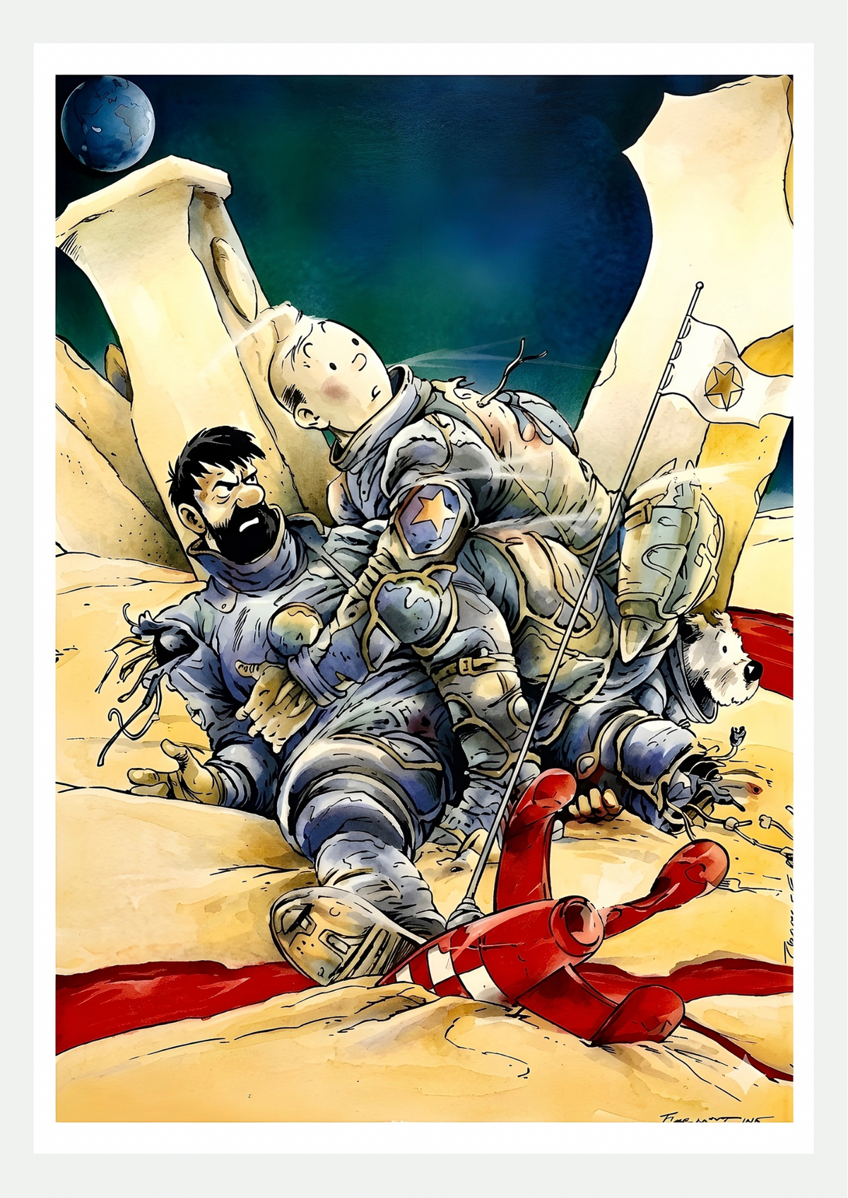 Affiche Exterminateur 714, Tintin esprit Enki Bilal : Tintin, Haddock et Milou en combinaisons spatiales déchirées sur la Lune, près de la fusée rouge à damier