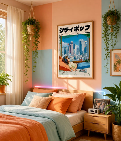 Vue d'ensemble du salon avec l'affiche City Pop vue sur Tokyo depuis la chambre en décoration murale