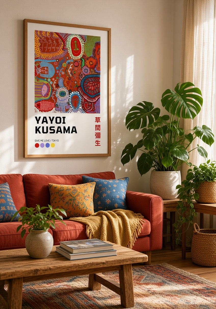 Affiche Yayoi Kusama Give Me Love détail des pastilles colorées et de la trame