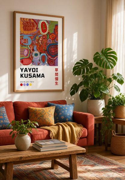 Affiche Yayoi Kusama Give Me Love détail des pastilles colorées et de la trame