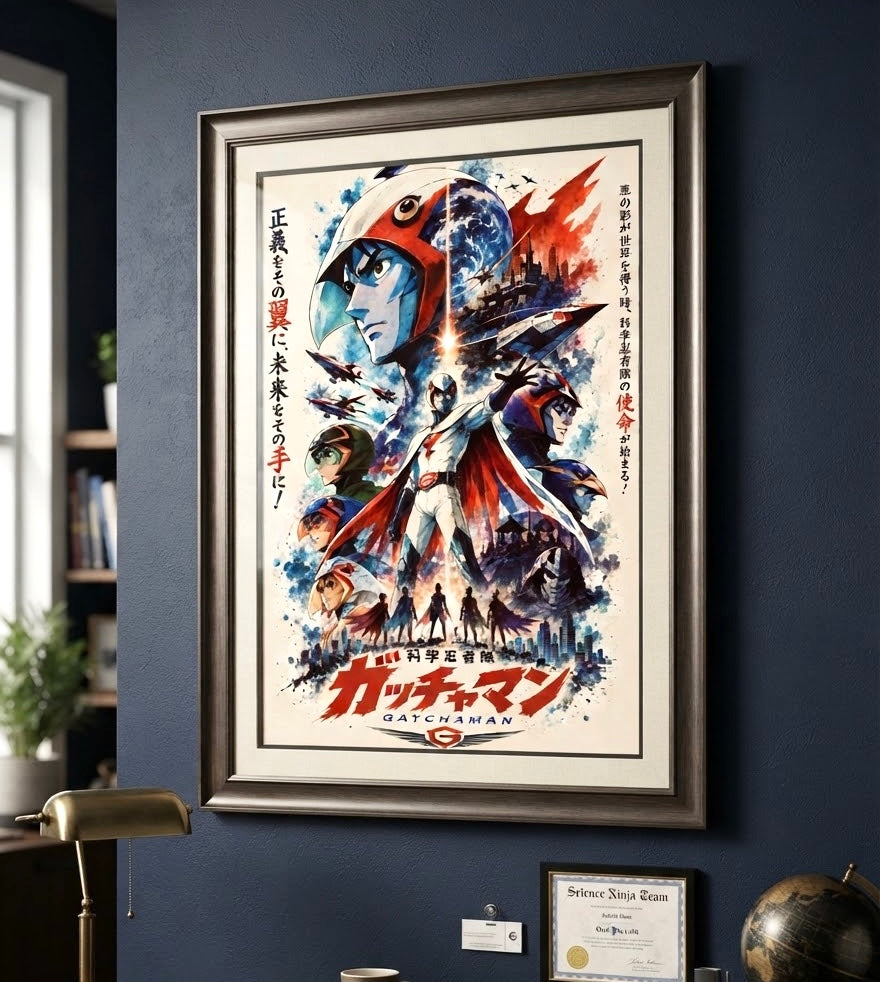 Vue d'ensemble du salon avec l'affiche La Bataille des Planètes Gatchaman en décoration murale