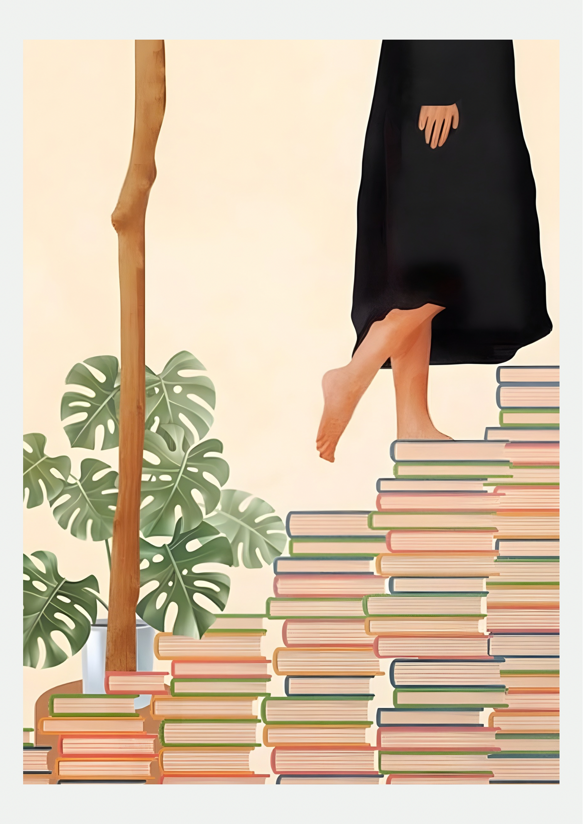 Affiche Escalier de Livres, illustration minimaliste sur fond neutre
