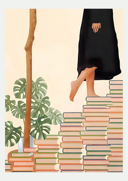 Affiche Escalier de Livres, illustration minimaliste sur fond neutre