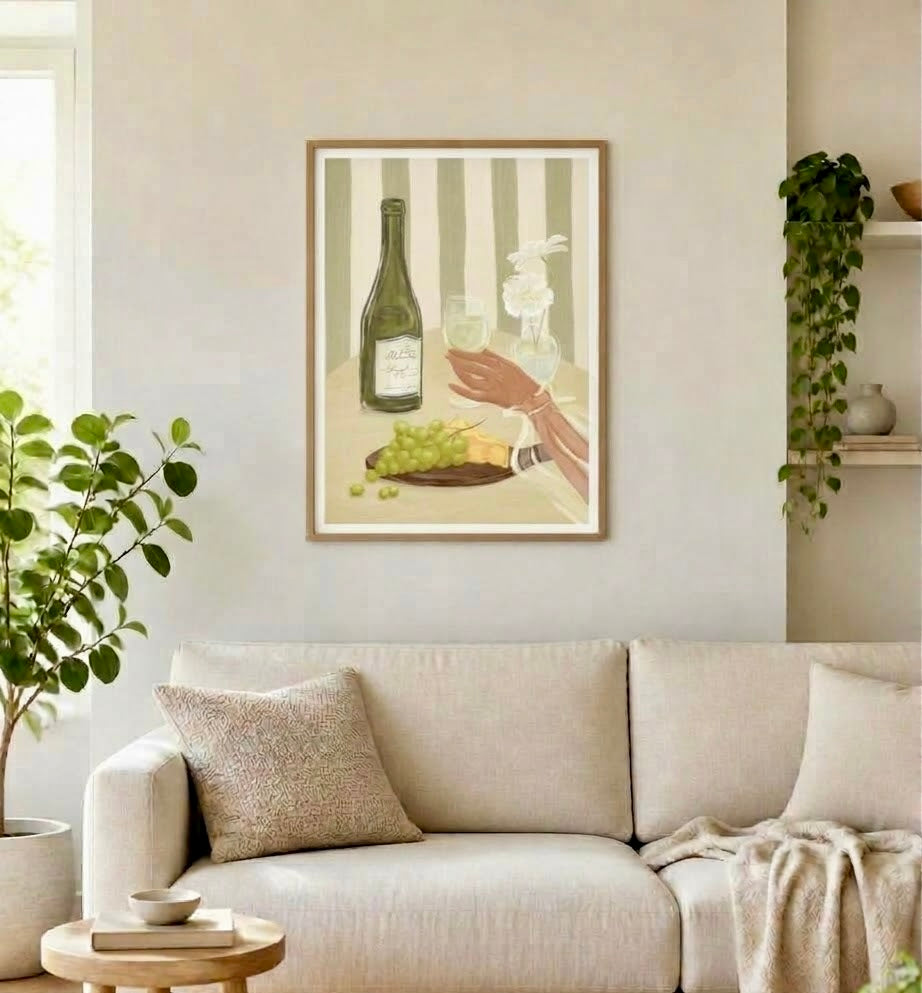 Affiche vin blanc et fromage encadrée dans une salle à manger, décoration murale gourmande aux tons vert sauge et beige