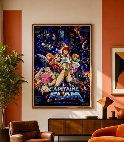 Vue rapprochée de l'affiche Capitaine Flam au mur, cadre et titre chromé en lettres métalliques