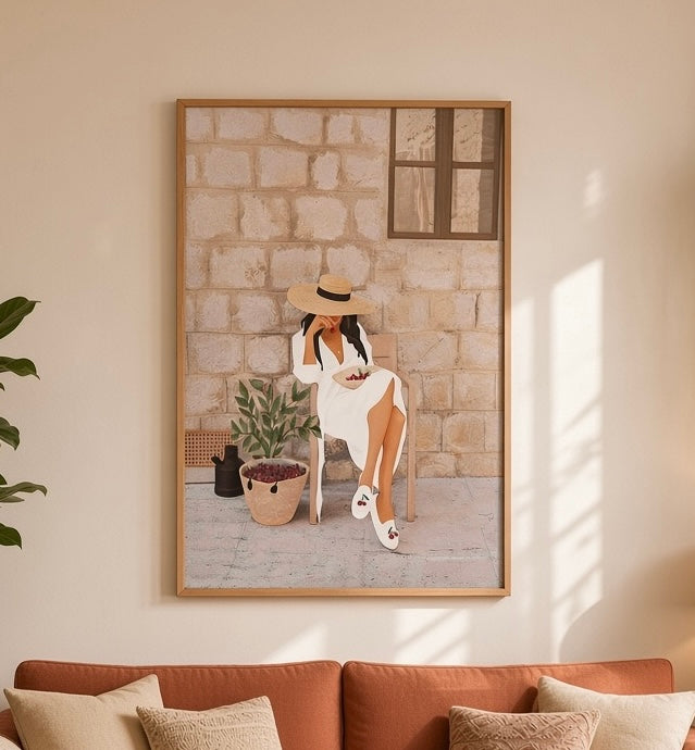 Affiche Femme à la Cerise gros plan sur le chapeau et les cerises
