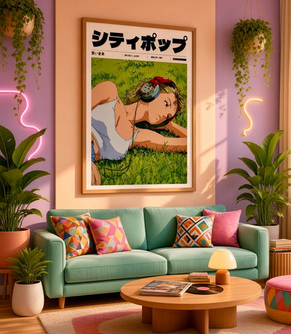Vue d'ensemble du salon avec l'affiche City Pop anime fille aux écouteurs dans l'herbe en décoration murale