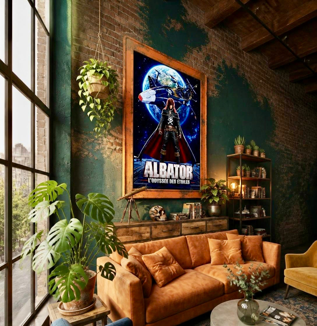 Vue d'ensemble du salon avec l'affiche Albator L'Odyssée des Étoiles en décoration murale