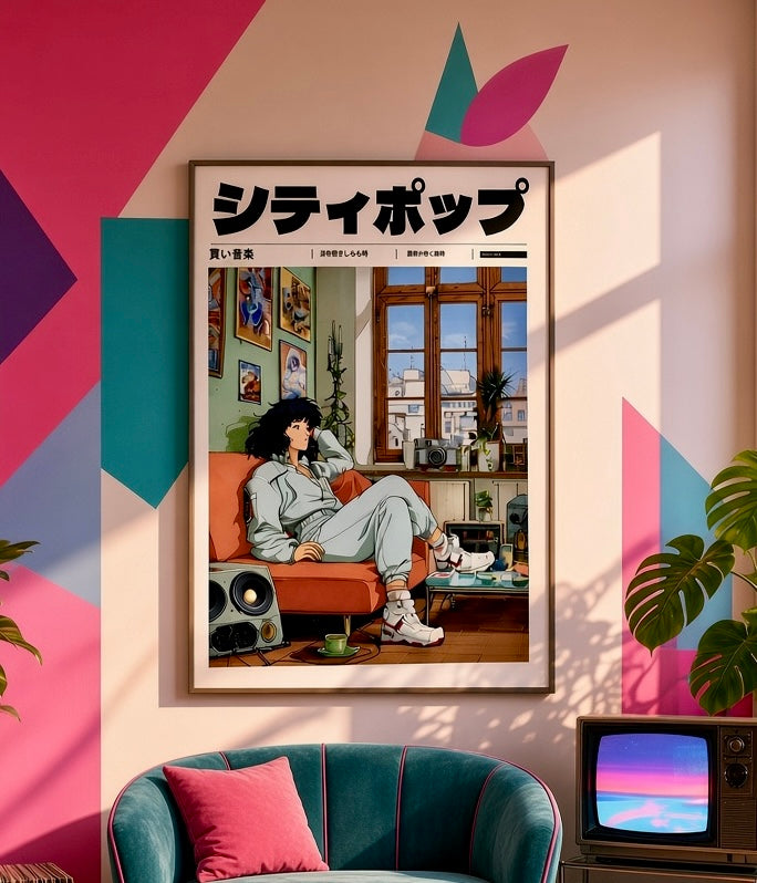Gros plan sur l'impression et le papier de l'affiche City Pop détente sur les toits de Tokyo