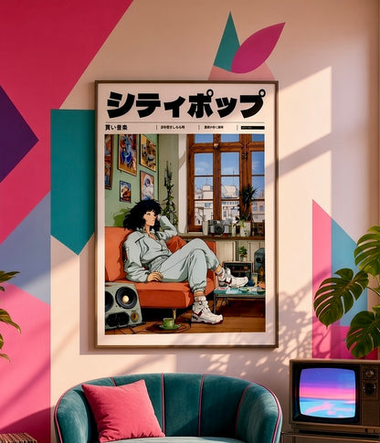 Gros plan sur l'impression et le papier de l'affiche City Pop détente sur les toits de Tokyo