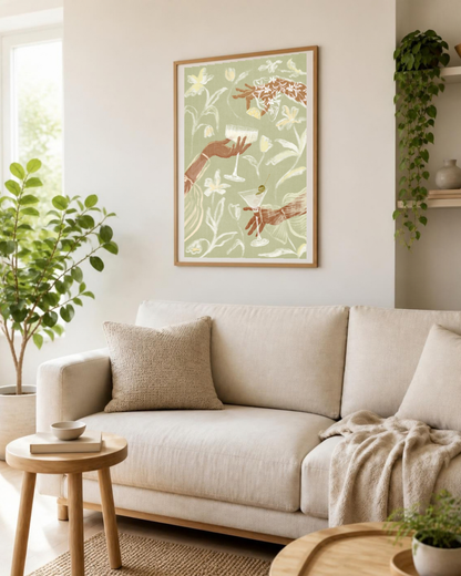 Vue élargie d'une cuisine décorée avec l'affiche cocktails fleuris encadrée, ambiance chic et décontractée
