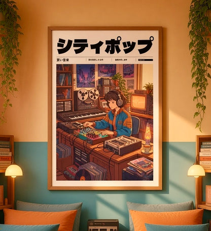 Vue rapprochée de l'affiche Studio Synthé Nocturne encadrée sur le mur du salon