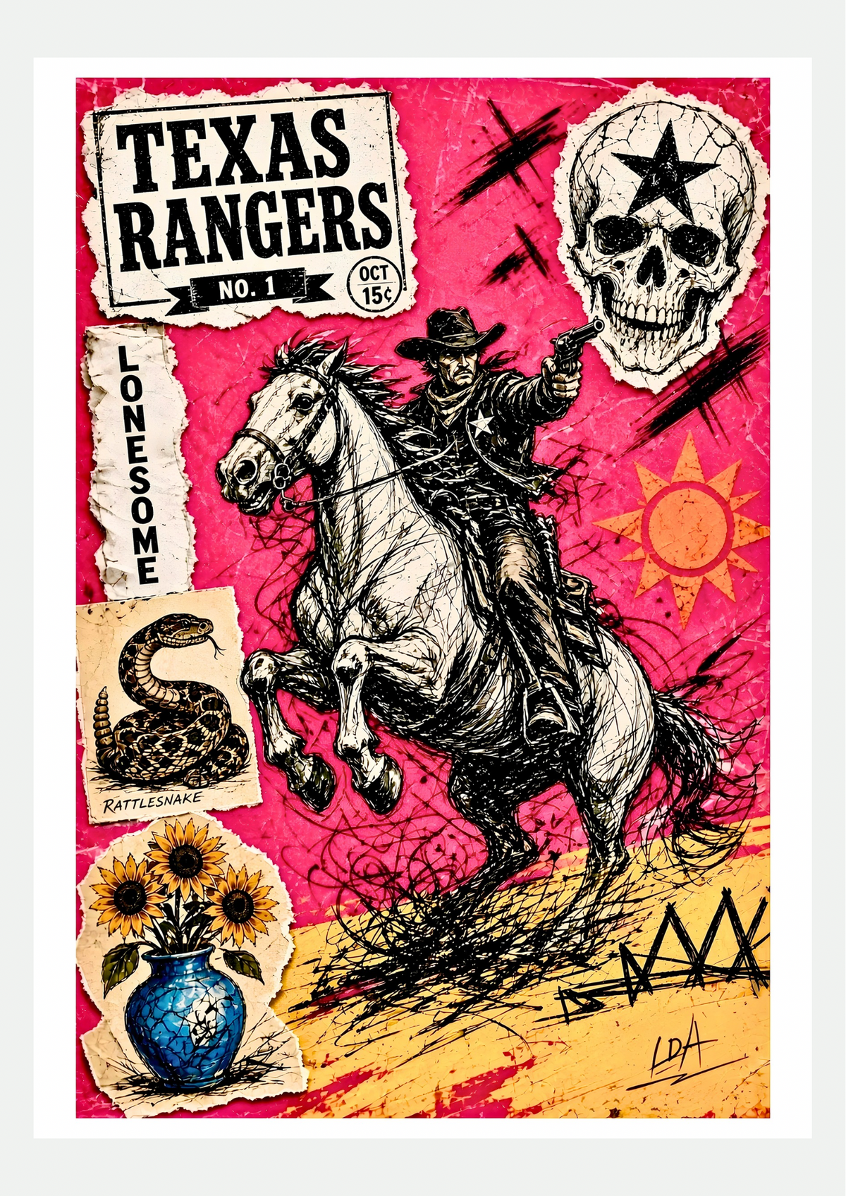 Affiche Texas Rangers N°1, collage comic western rose et noir, présentée seule sur fond neutre