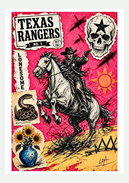 Affiche Texas Rangers N°1, collage comic western rose et noir, présentée seule sur fond neutre