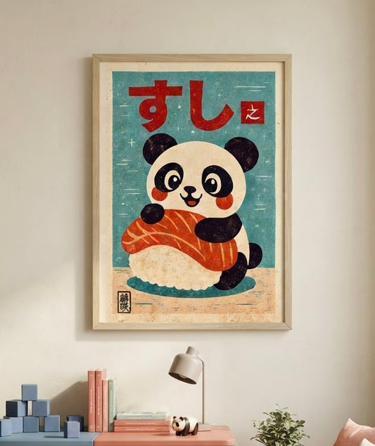 Affiche panda kawaii et sushi au saumon encadrée, accrochée au mur d'une chambre d'enfant, décoration japonaise colorée
