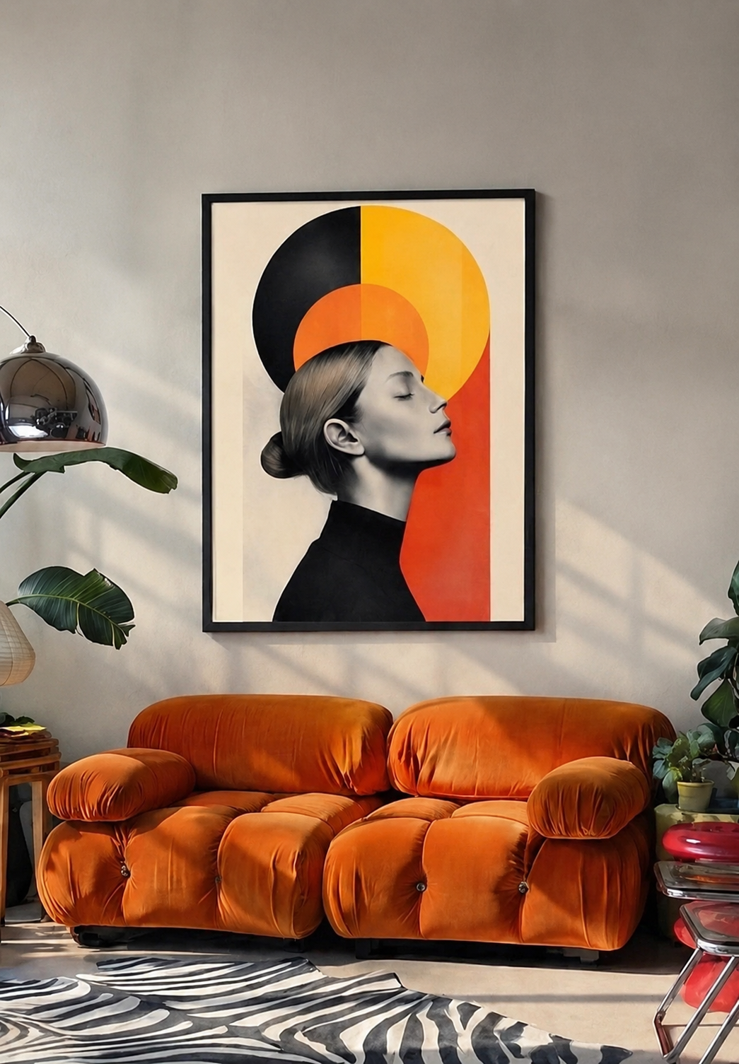 Affiche portrait profil Bauhaus encadrée, présentée en situation dans un intérieur