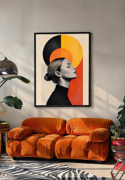 Affiche portrait profil Bauhaus encadrée, présentée en situation dans un intérieur