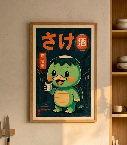 Vue rapprochée de l'affiche kappa kawaii izakaya au mur, cadre et lanterne japonaise rouge