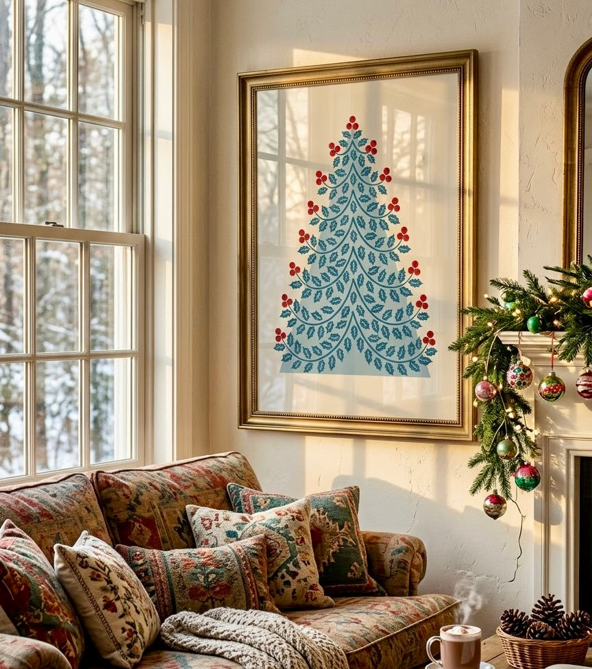 Ambiance salon scandinave avec l'affiche du sapin de houx encadrée, palette bleu, rouge et crème