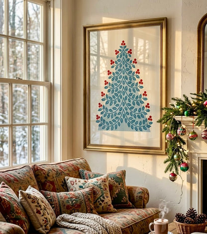 Ambiance salon scandinave avec l'affiche du sapin de houx encadrée, palette bleu, rouge et crème