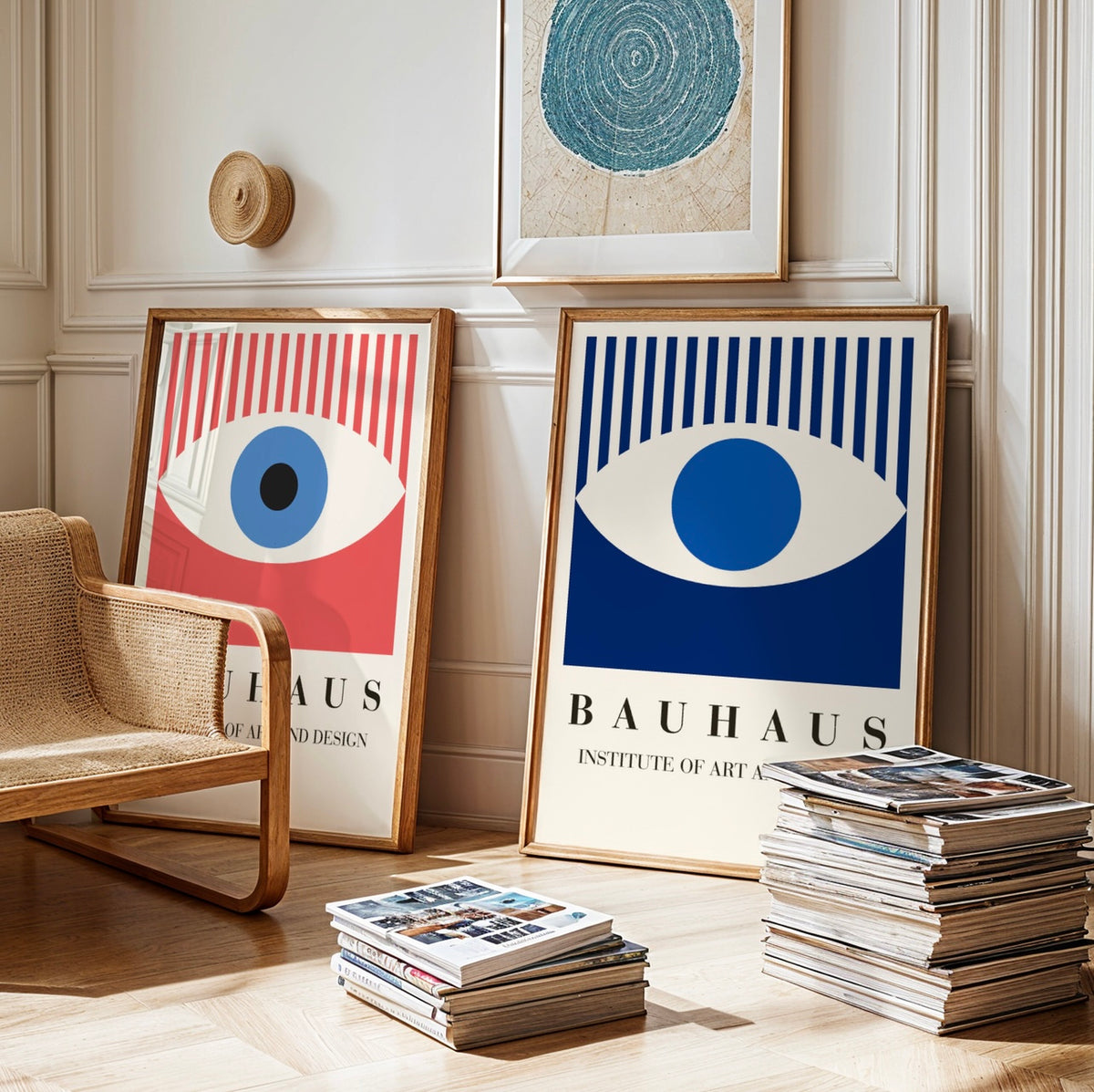 Duo d'affiches Bauhaus œil rouge et œil bleu encadrées côte à côte sur un mur, design géométrique Institute of Art and Design