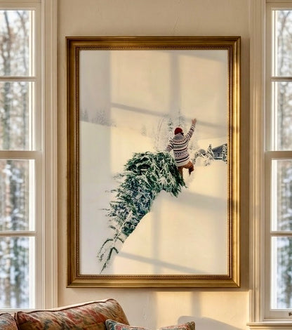 Gros plan sur l'impression : branches de sapin givrées, pull jacquard et neige poudreuse