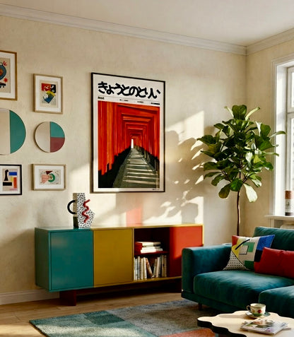 Vue d'ensemble du salon avec l'affiche Tunnel de Torii en décoration murale