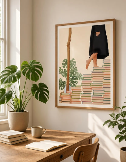 Affiche encadrée Escalier de Livres accrochée au mur d'un salon