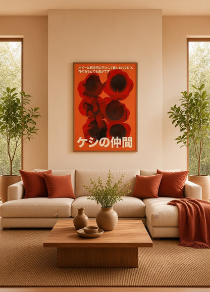 Affiche Coquelicot Encre Japonaise – Fleurs Abstraites Rouge et Noir