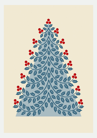 Affiche illustrée d'un sapin de Noël en feuilles de houx bleues et baies rouges sur fond crème, style flat design