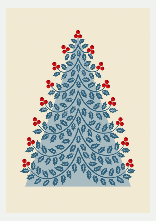 Sapin de Houx Bleu et Baies Rouges – Affiche Noël