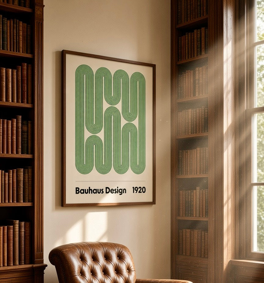 Vue d'ensemble du salon avec l'affiche Bauhaus Design 1920 en décoration murale
