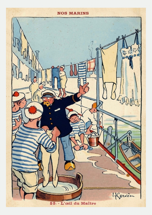 Affiche vintage Nos Marins « L'Œil du Maître » de Gervèse : maître d'équipage et matelots faisant la lessive sur le pont d'un navire